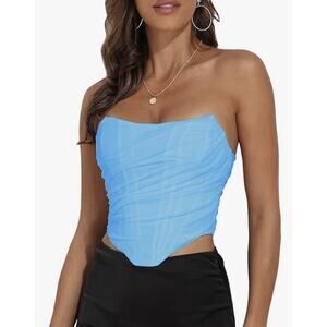 Women's L Strapless Open Back Boned Mesh Bustier Zip Back Corset Crop Top Blue